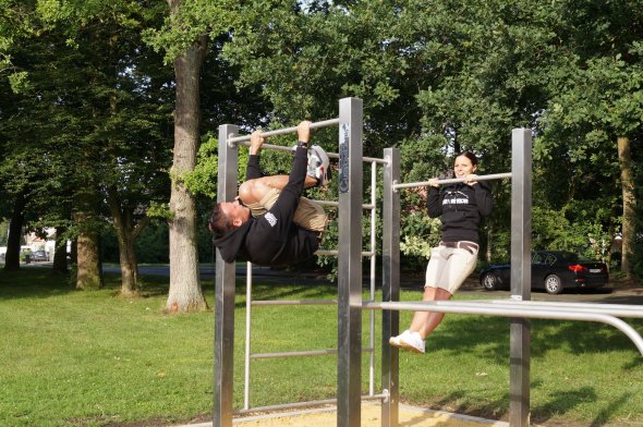 A woman and a man training