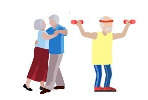 A couple dances and another man lifts dumbbells in the air A couple dances and another man lifts dumbbells in the air