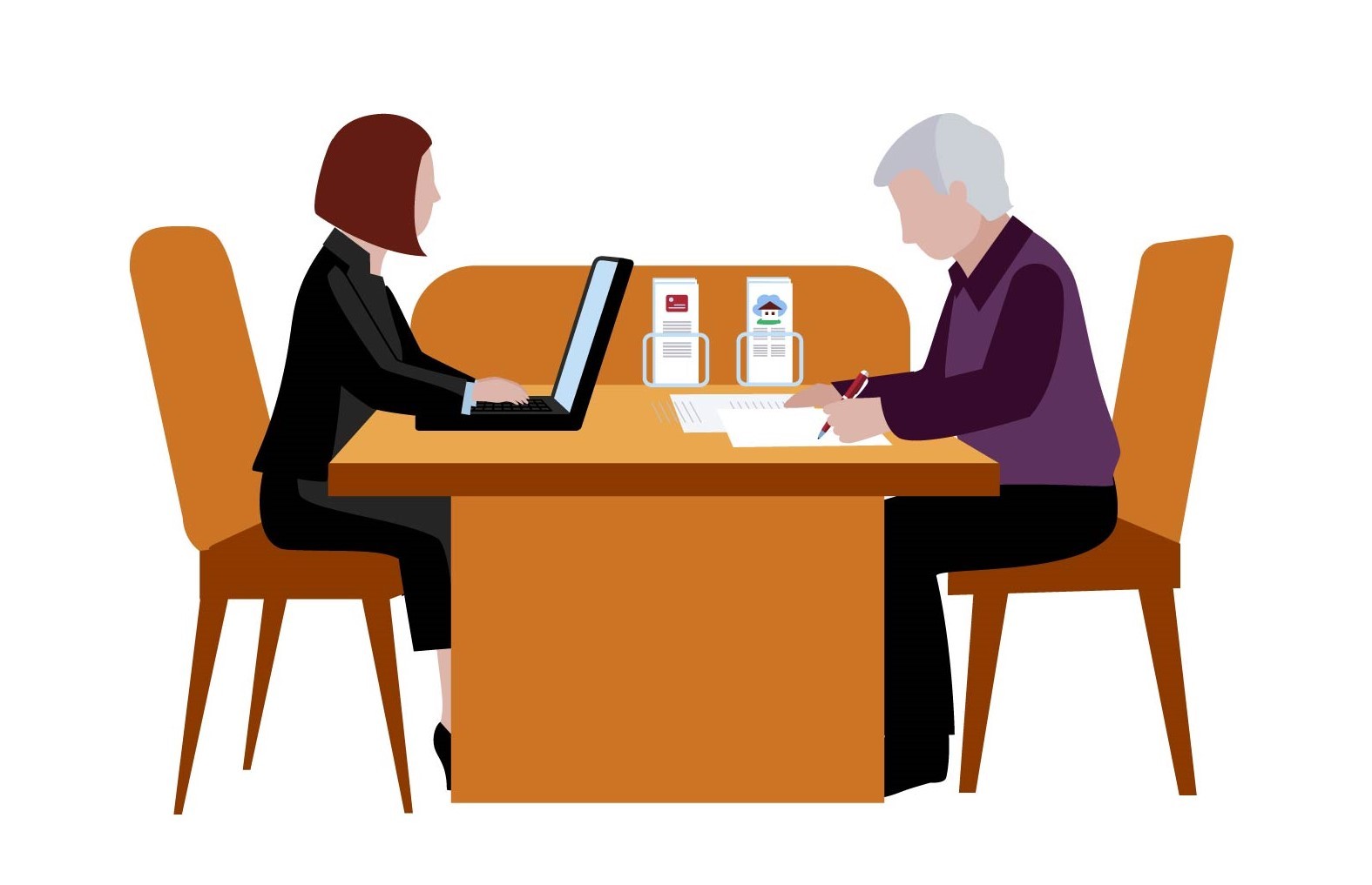 Two people are sitting at the table, one woman is working on a laptop