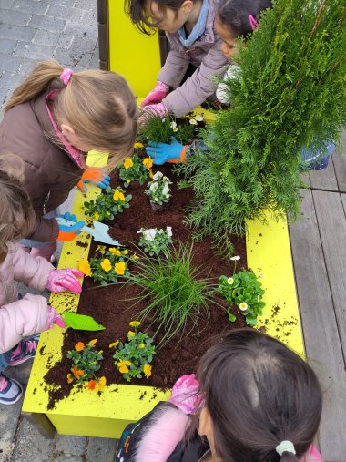 Children plant the tubs