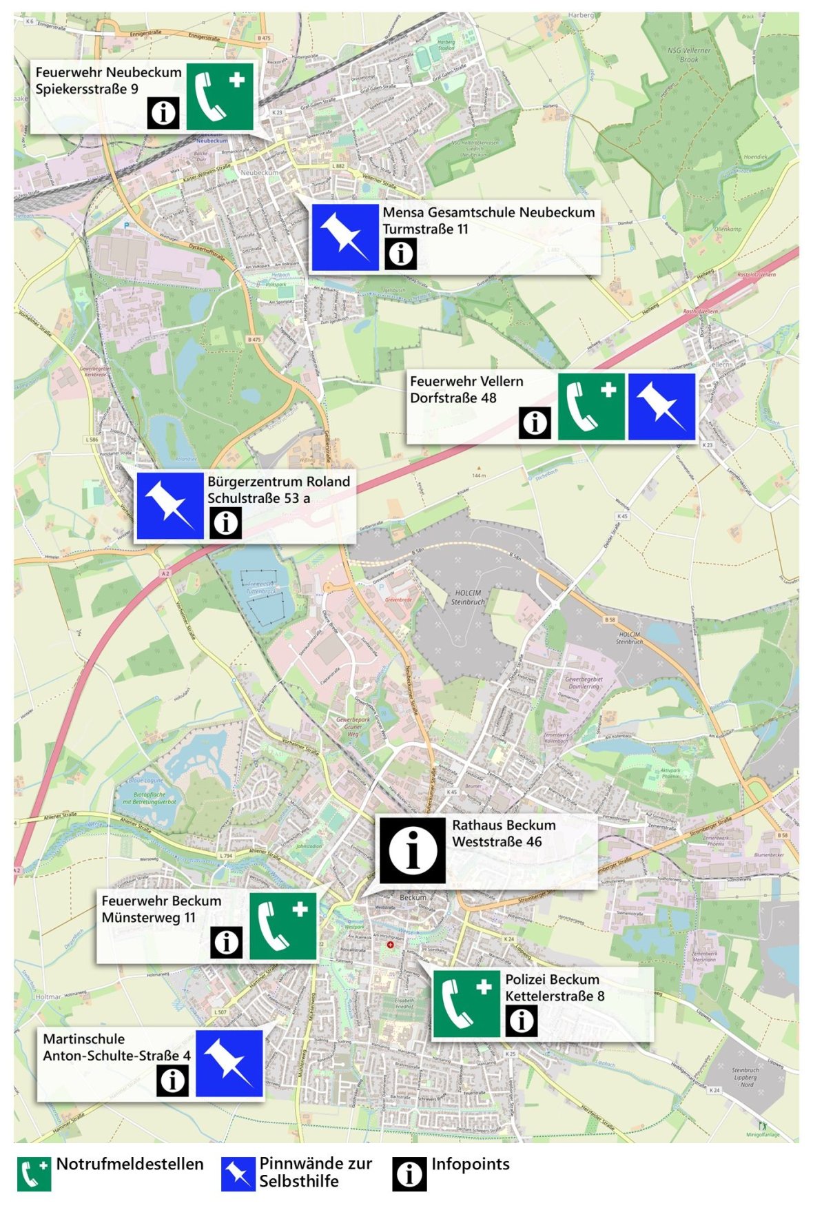Map with contact points in an emergency