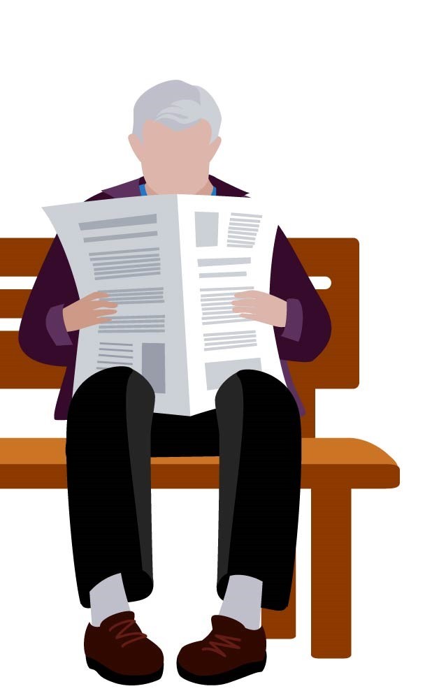 Een man zit op een bankje en leest de krant Een man zit op een bankje en leest de krant