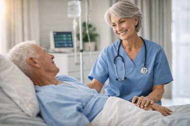 ältere Krankenschwester am Bett eines älteren Mannes