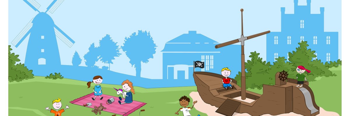 Holz-Spiel-Schiff vor Rathaus-Silhouette