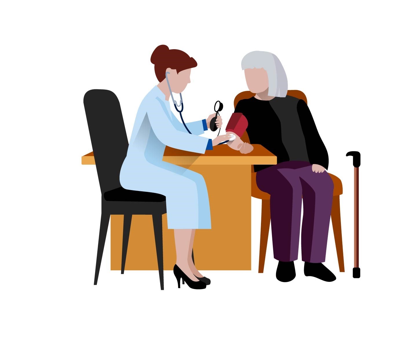 Eine Ärztin sitzt an einem Tisch vor einer Patientin