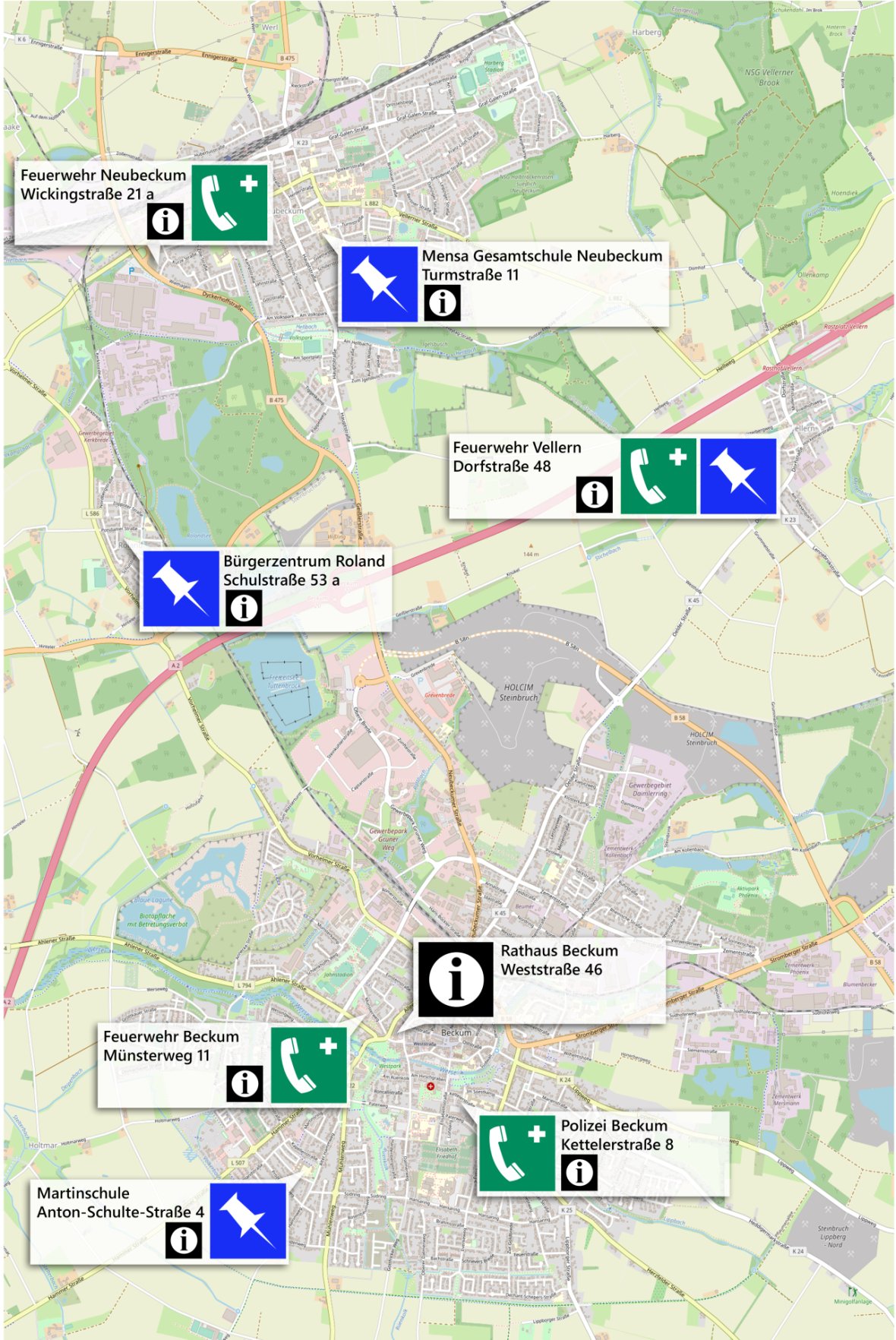 Karte mit Anlaufstellen im Notfall